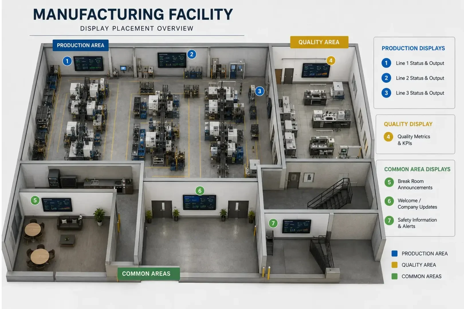Manufacturing facility production diagram Manufacturing facility diagram showing displays in production, quality, and common areas.