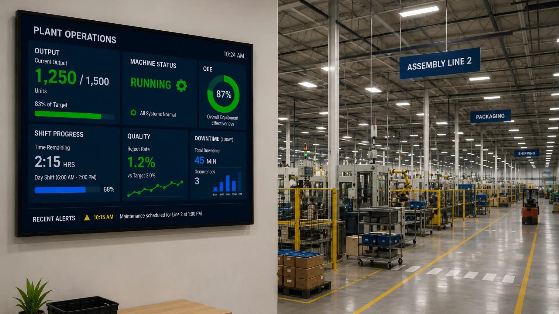 Digital Signage comercial display on a Manufacturing floor Manufacturing floor with a commercial display showing output, machine status, OEE, and shift progress