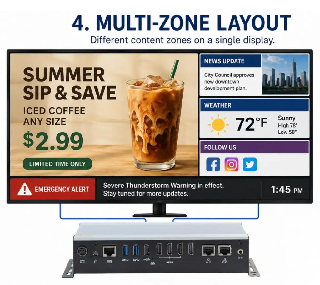 Digital Signage Multi-Zone Display using promotional weather and social media