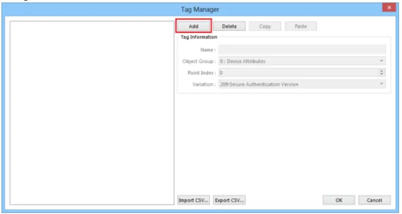Shows the Tag Manager window in EBPro for the DNP 3 Driver