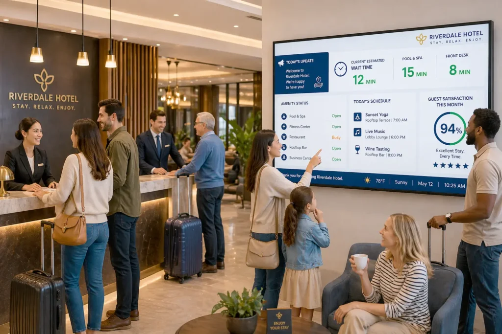 Digital Signage Hospitality A busy Hotel Lobby with a digital sign helping guests learn about their wait times