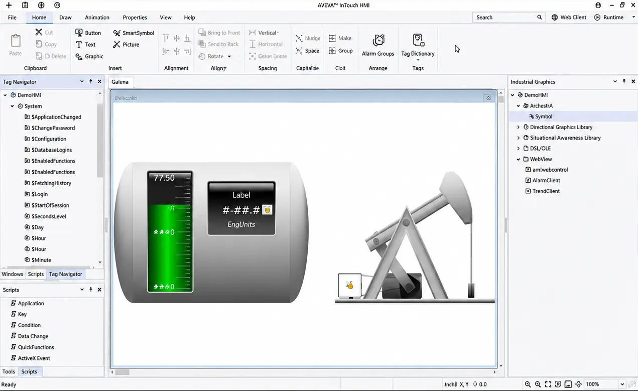 AVEVA InTouch with extensive industrial graphics library, HTML5 web client, native cloud integration, and robust alarm management.