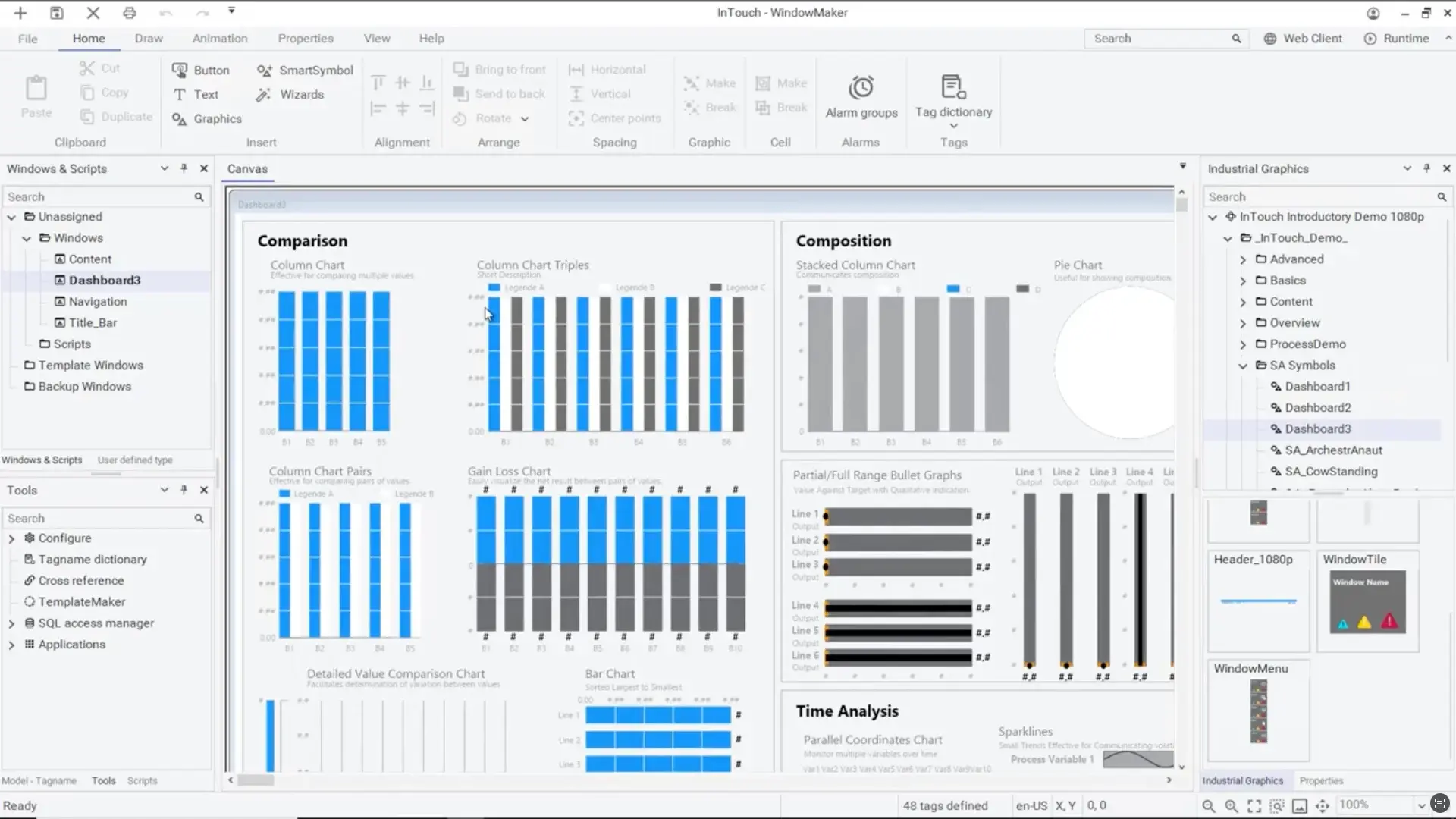 AVEVA InTouch with extensive industrial graphics library, HTML5 web client, native cloud integration, and robust alarm management.