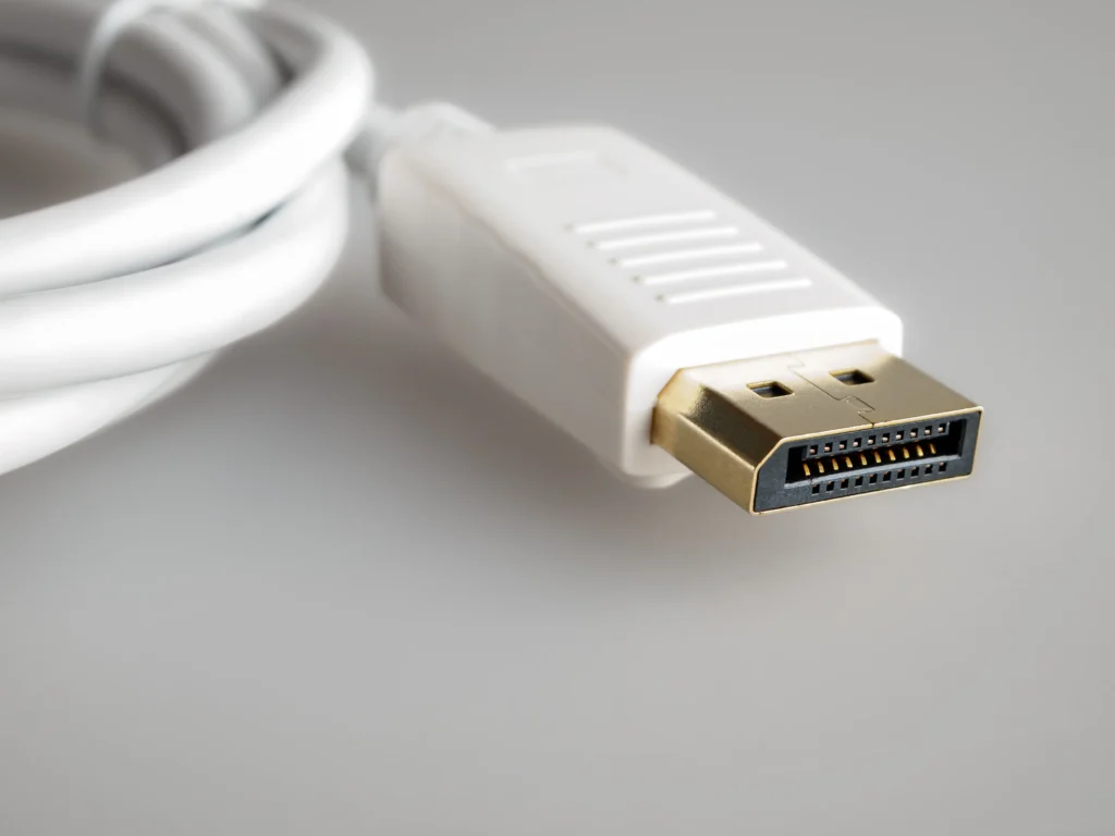 A close-up of a DisplayPort cable connector