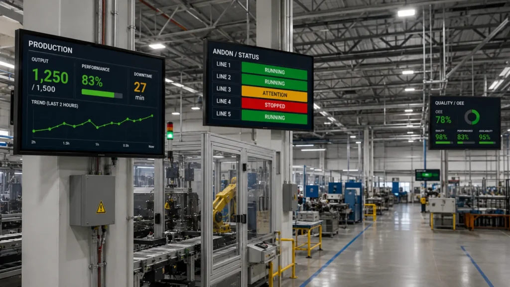 production dashboard - andon status - quality display production dashboard - andon status - quality display, a modern manufacturing floor using several digital signage displays in different areas.