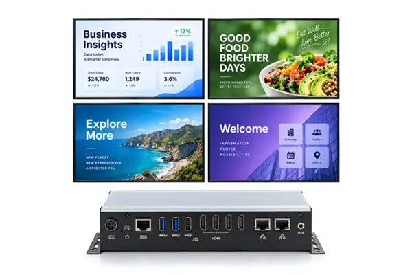 Class I Div 2 cULus-listed, fanless signage PCs built for reliable 24/7 operation