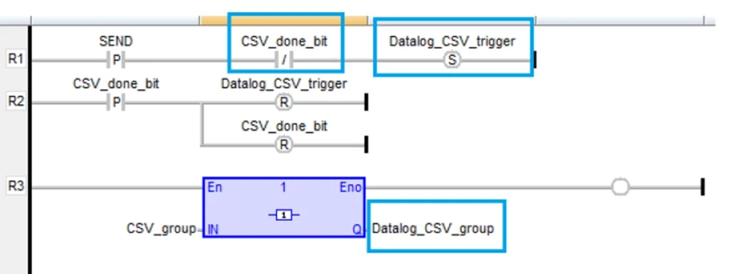 The ladder logic required to trigger exporting of a .CSV file